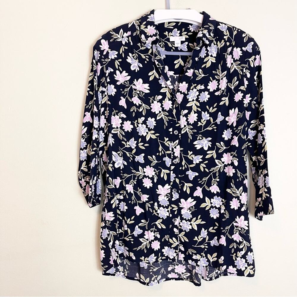 J. Jill Button Down Blouse 3/4 sleeve Top woman's size S Navy Blue Floral